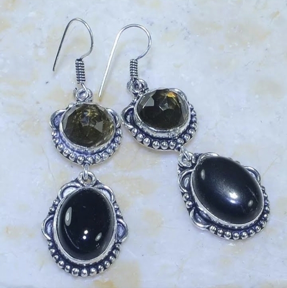 New Black Onyx and Peach Quartz Silver Earrings. - Picture 12 of 12